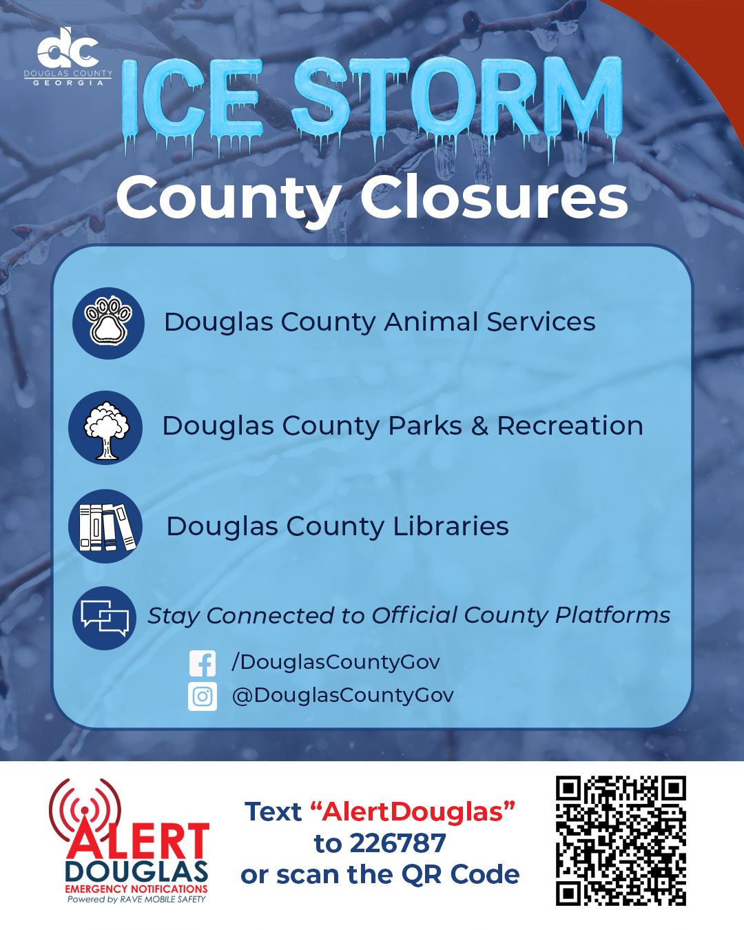 Ice Storm County Closures image listing the county facilities that will be closed 